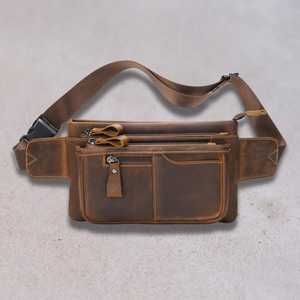 Vintage Genuine Leather Outdoor Sports Waist Bag <b>Pocket</b> Running Jogging Travel Hiking <b>Belt</b> Pack Waterproof Zipper Closure Phone - Product Image 2