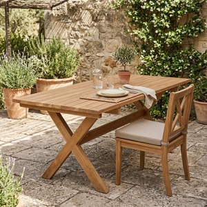 Outdoor Solid Teak Wood <b>Dining</b> Set X Base Rectangular Slatted Table Woven Rope <b>Armchairs</b> Patio Garden Setup Art Design Decor - Product Image 4