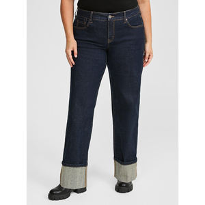 Pantalones de mezclilla con agujeros rectos informales de cintura alta para mujer, pantalones vaqueros holgados transpirables de verano de talla grande, lavado oscuro con opción - Product Image 2