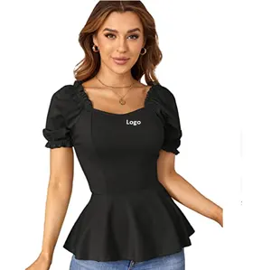 Chemisier Peplum élégant à col carré et manches longues pour femme, Blouse de travail coupe Slim à volants disponible au Bangladesh