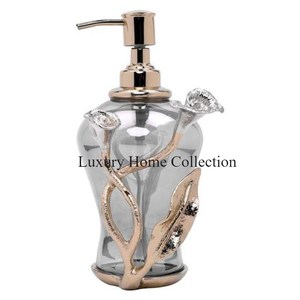 Distributeur et bouteille de savon liquide poli brillant de couleur argentée d'acier inoxydable avec la pompe de couleur d'or à couler et la conception de forme de feuille - Product Image 4