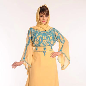 ผ้าจอร์เจียสีเบจปักลายเย็บแบบอิสลามคาฟตัน - Product Image 1