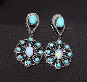 Boucles d'oreilles en argent avec opale éthiopienne et turquoise de l'Arizona avec diamant Boucles d'oreilles en diamant Ensemble de boucles d'oreilles Beauty Turquoise - Product Image 3
