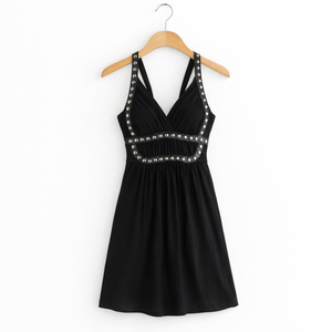 Vestido Mini Negro de Lujo con Bordado de Piedras Blancas en el Cuello, Vestido Corto para Fiesta de Mujer - Product Image 3