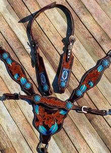 Cabecera de cuero de alta demanda y peto floral tallado a mano con un hermoso diseño pintado a mano - Product Image 2