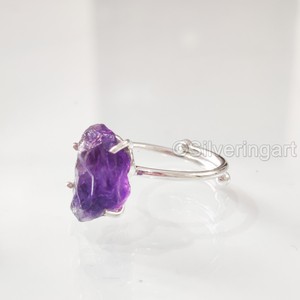 Bague pour femme en argent sterling 925 réglable, avec pierre brute naturelle d'améthyste, pierre de naissance de février, pour la création de bijoux - Product Image 1