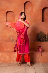 Ensemble Kurta Dhoop Chhaav en coton rose orange avec dupatta en mousseline imprimée, robe décontractée pour adulte, taille naturelle, ajouré - Product Image 6