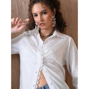 Chemise en viscose à col montant, coupe classique, avec détails en dentelle festonnée, style bohème moderne, tissée respirante, pour le bureau et l'été - Product Image 5