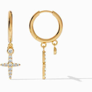 Boucles d'oreilles pendantes en forme de croix en moissanite ronde de 1,40 carat en or jaune - Product Image 2