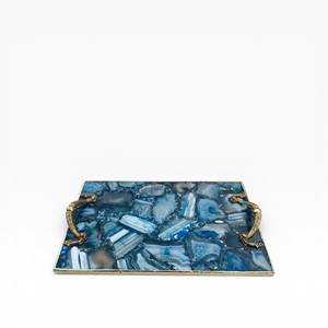 Bandeja Rectangular de Mármol Blanco con Incrustaciones de Ágata Natural y Asas Laterales Minimalistas en Dorado - Product Image 4