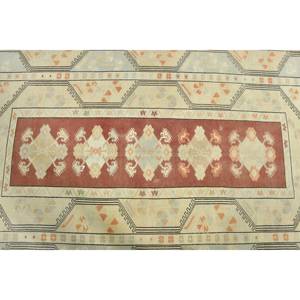 Alfombra de lana turca Vintage de 4 pies, 9x7 pies y 5 pulgadas, tejido plano de retazos beige y marrón para decoración de sala de estar con respaldo de látex - Product Image 5