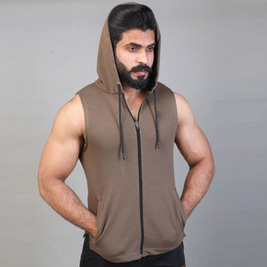 Camiseta sin mangas con capucha y cremallera completa para hombre, 100% algodón, para gimnasio, con logo personalizado, OEM, fitness, al por mayor - Product Image 1