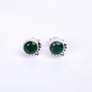 Orecchini di forma rotonda Onxy verde orecchini a bottone in argento Sterling 925 regalo di gioielli per lei