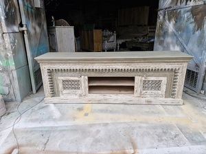 Soporte de TV de almacenamiento moderno de dos cajones con diseño de madera curvada a mano para sala de estar, cafetería y restaurante, compatible con televisores de 65 pulgadas + - Product Image 4