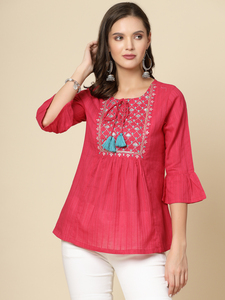Blusa de Verano para Mujer, Moderna y Elegante, de Algodón Rosa con Estampado Floral, Transpirable, Lavable, con Bordado Elegante, Estilo Indio, Manga Tres Cuartos - Product Image 2