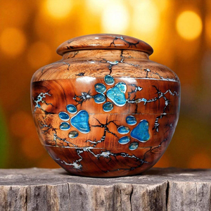 Pet Urn in legno fatto a mano stampe con <span class=keywords><strong>zampe</strong></span> di <span class=keywords><strong>cane</strong></span> e gatto in resina blu Design e bruciatura frattale - Product Image 4