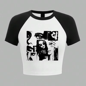 T-shirts à manches raglan sérigraphie personnalisés à la mode pour les filles Streetwear écologique contraste haut court t-shirts teint uni - Product Image 5