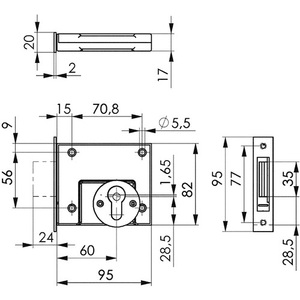 Serrure à boulon DIN 49 gauche/droite avec plaque de frappe plate, entraxe 60 mm, pour meubles AMF et meubles PZ DIN 49 gauche/droite - Product Image 3