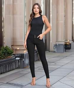 Pantalones vaqueros rasgados elásticos de cintura media de Color sólido a la moda para mujer de talla grande, Vaqueros ajustados informales de verano con decoración de botones - Product Image 3