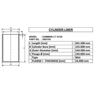 cylinder liner wet for cummins lt 10 es oe 3803703 id 125 od 144.9 length 241.2 make in india