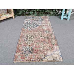 Petit tapis vintage, tapis turc 1,9x4,3 pieds, tapis en laine à carreaux bleus - Product Image 4