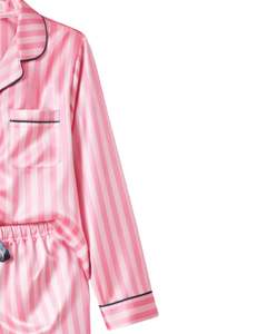 Ensemble de pyjama en satin de soie rayé rose pour femmes, fabriqué par le fabricant, boutonné, manches longues, vêtements de nuit luxueux, doux, brillant, vêtements de détente - Product Image 3