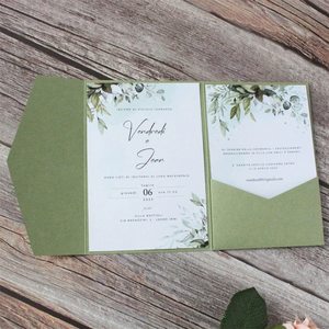 Carte d'invitation de <span class=keywords><strong>mariage</strong></span> en papier mat vert olive pour fête de fiançailles et célébration, invitation de <span class=keywords><strong>mariage</strong></span> à pochette - Product Image 3