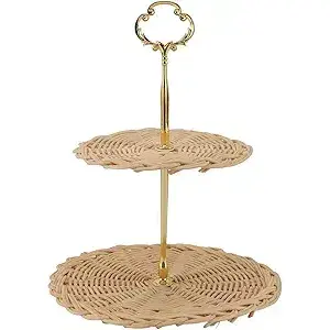 Plateau de service rond en rotin tissé à 2 niveaux Cupcake et panier à pain pour les fêtes de mariage - Product Image 5