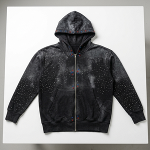Men's Black Rhinestone <b>Hooded</b> <b>Zip</b>-Up Sweatshirt Regular Fit Acid Wash Dot Pattern Casual Streetwear Autumn Wear - Product Image 3