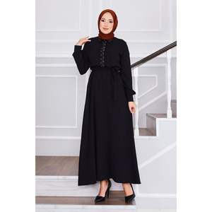 <b>Black</b> Stone Detailed Waist Pleated Hijab Modest <b>Dress</b> - Product Image 2