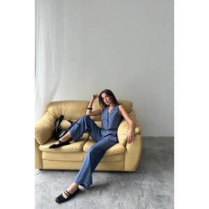 ชุดเสื้อครอปแขนกุดและกางเกงขายาวผ้าอินดิโก้เทนเซลสำหรับผู้หญิง - Product Image 5