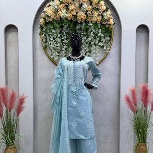 Designer Tabby Organza Jaune et Couleur Ciel Fil Lourd Brodé Top de Travail Manches Longues Avec Palazzo & Ensemble Dupatta - Product Image 1