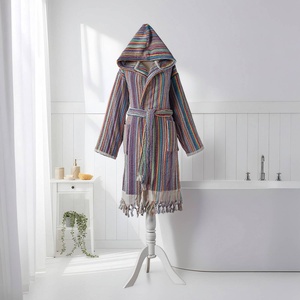 Peignoir turc à pompons, rayures multicolores, à capuche, 100% coton - Product Image 3