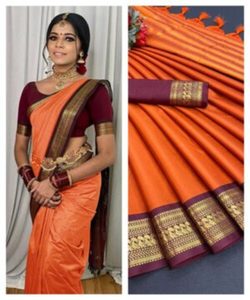 Sari de Seda Kanchipuram de Moda con Trabajo de Diamantes y Diseño Estampado, Sari de Seda Moderno con Detalles de Volantes y Borde de Zari - Product Image 4