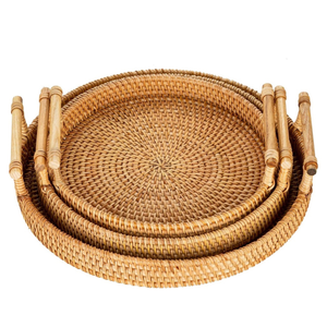 High Quality Customized Sizes Hand-Woven Round <b>Wicker</b> Decorative <b>Basket</b> Rattan Serving Tray With <b>Handles</b> Made in Viet Nam - Product Image 4