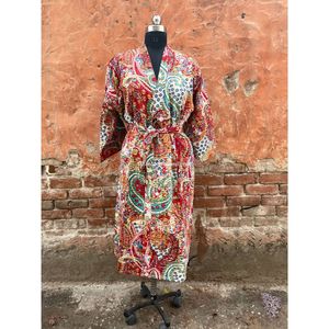 Kimono con estampado de cachemir, Kantha, ropa de dormir de algodón indio, albornoz, vestido Maxi hecho a mano, venta al por mayor - Product Image 4
