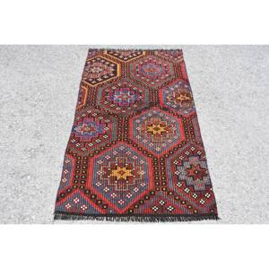 Alfombra Kilim Vintage de 3x5 pies, obra maestra turca tejida a mano, respaldo de látex de lana roja y azul, técnica de tejido plano, alfombra de yute de retazos - Product Image 1