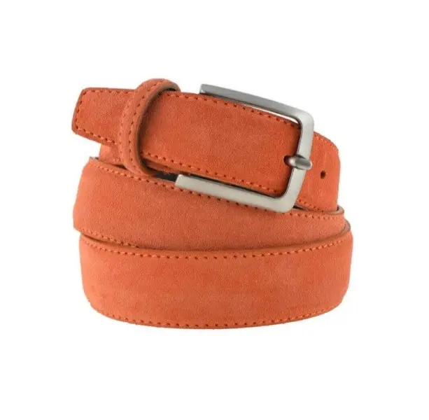 Top quality italian handmade with pin buckles man's belt in orange suede leather 3.5cm/1.37in for wholesale 6 pieces in a box