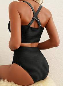เซ็ตบิกินี่ของผู้หญิงแบบสองชิ้นสีดำแต่งระบายมีโลโก้ด้านหน้าชุดเซ็กซี่ใส่สบาย - Product Image 2