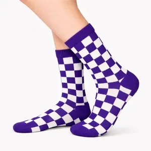 <b>Purple</b> Checkered Pattern Sport <b>Socks</b> Mid-Calf Length Cute Athlete Print Anti-Bacterial and Sweat Resistant Customizable Logo - Product Image 2