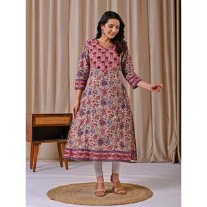 Kurti droit en coton imprimé gris et rose, respirant et décontracté, avec taille naturelle - Product Image 4