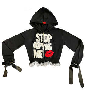 Custom <b>Y2K</b> Women's Winter Cropped Terry Pullover Hoodie Polyester/Cotton Distressed Embroidery Patch & Lace Front - Product Image 2