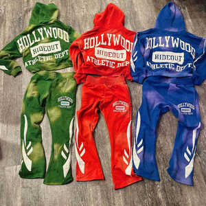 Trajes completos de chándal de algodón grueso para hombre, pantalones de chándal con capucha lavados con ácido, sudaderas con cremallera, apliques acampanados, parche bordado, Invierno sólido - Product Image 1