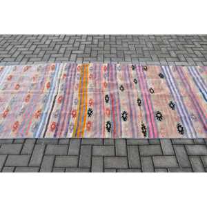 Tapis vintage, tapis turc de 3,9 x 11,8 pieds, tapis Kilim bleu rose avec motifs de plantes et d'arbres - Product Image 3
