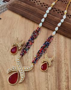 Premium Double Stone American Diamond Polki Premium Pendentif Mala Set Orné de Perles Hydro et de Perles Lustriques Bijoux de Mariée - Product Image 3