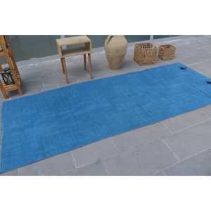 Alfombra Turca de 3.8x9.6 pies, Alfombra Vintage, Alfombra Ikat Azul y Blanca - Product Image 2