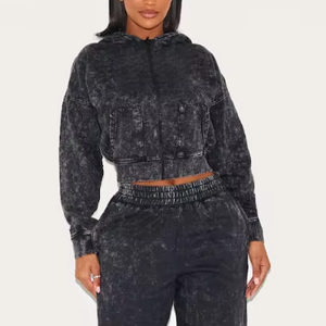 Sweat à capuche vintage lavé à l'acide en coton éponge imprimé avec fermeture éclair pour femmes Sweat à capuche court avec poche - Product Image 1