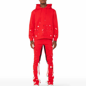 Men's 100% Cotton Knitted Fleece Lightweight Baggy Breathable Digital Print Solid Quick Dry Casual Winter <b>Hoodie</b> Sweatpants Sets - Product Image 1