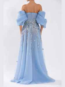 Robe de bal élégante et luxueuse en forme de A, technique de broderie à la main, robe de soirée sans manches, en tulle, décoration perlée pour les fêtes - Product Image 4