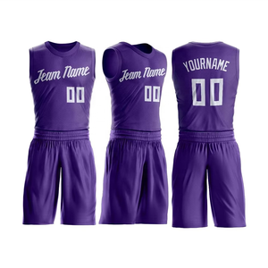ชุดเสื้อบาสเก็ตบอลสีม่วงแบบกำหนดเอง แขนกุด ผ้าตาข่าย โพลีเอสเตอร์ 100% ระบายเหงื่อได้ดี พิมพ์ชื่อทีม สำหรับผู้ใหญ่ทุกเพศ - Product Image 1